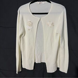 Viridian Cream White Open-Front Floral Knit Cardigan Sweater Cozy Boho Layer XL